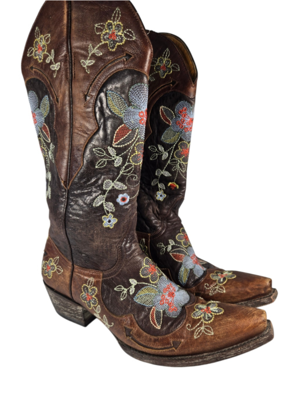 Old Gringo Floral Embroidered Leather Distressed Brown Snip Toe Cowboy Boot Sz 8